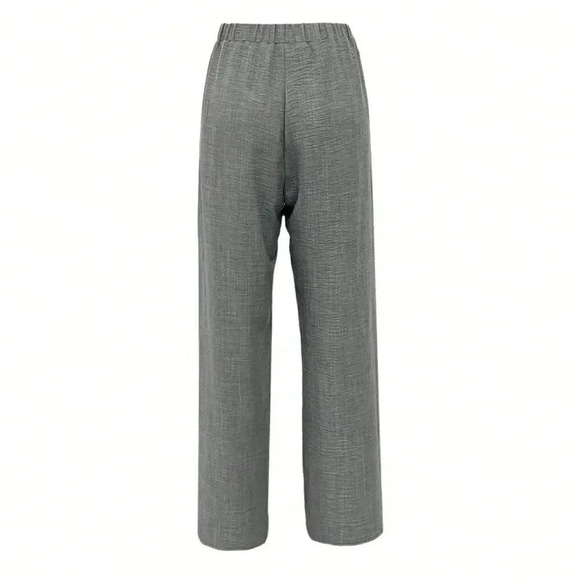Dark Grey Casual Women's Drawstring Side Splicing Lace Trim Wide Leg Pants - Picture 2 of 4
